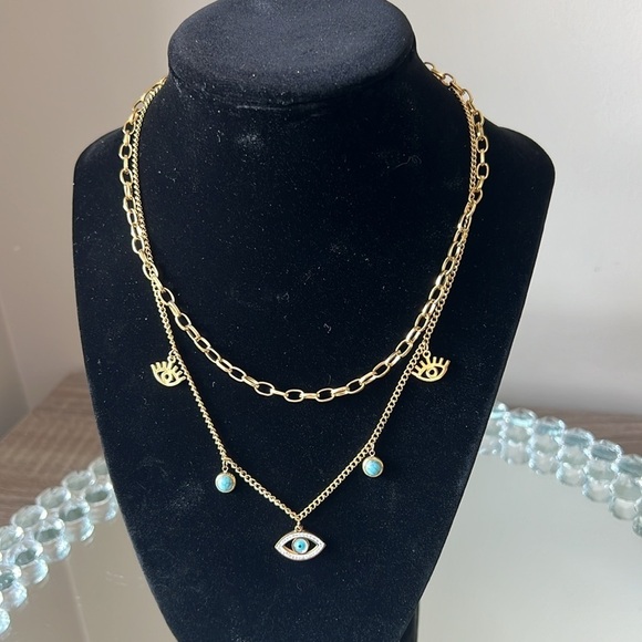 New 2 Layer Gold Tone Evil Eye Charms Stainless Steel Necklace - Picture 3 of 4